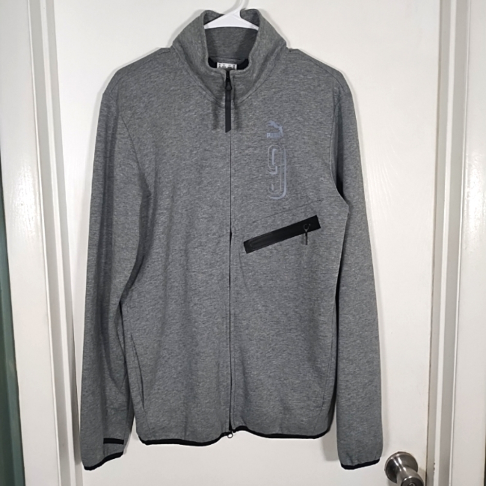 Puma Men’s M Full Zip Track Jacket Gray Logo Thumbholes Pockets Mesh Lined